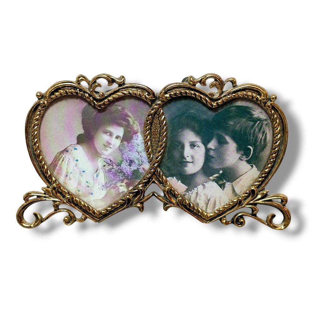 Sixtrees Mini Double Hearts Ornate Brass Gold Victorian Picture Frame Tabletop